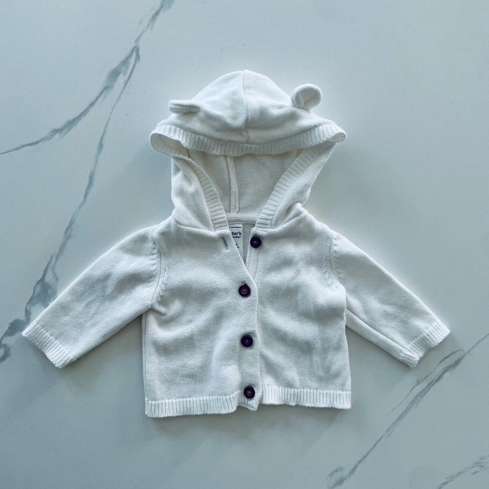 Carter's White Knit Baby Sweater with Hoodie and Bear Ears